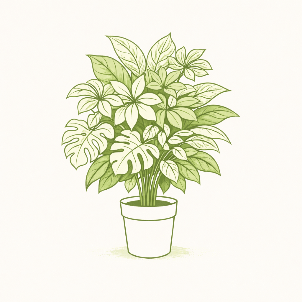 観葉植物をモチーフにした線画イラスト。複数の葉を組み合わせた鉢植えで、観葉植物通販の選び方や比較ガイドをイメージしたビジュアル。