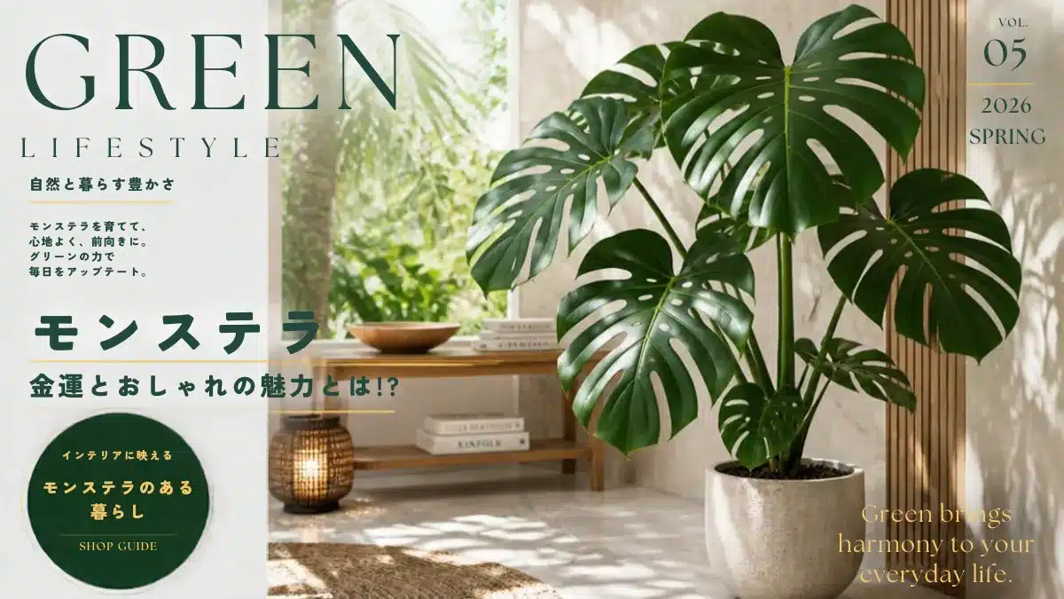Botanical Select | モンステラの金運とおしゃれの魅力とは⁈風水・種類・大きくなりすぎない育て方 モンステラの金運とおしゃれの魅力とは⁈の記事のアイキャッチ・リビングの美しいモンステラ画像