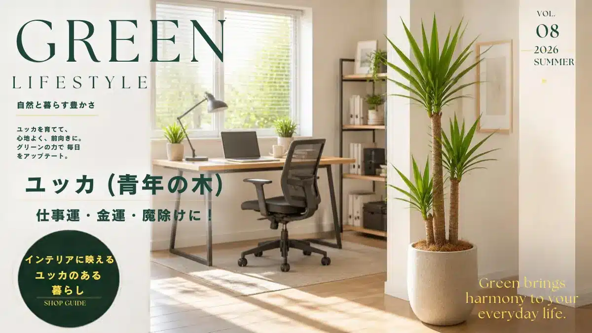 Botanical Select | ユッカ(青年の木)は仕事運・金運・魔除けに!おしゃれで風水最強の選び方・育て方 ユッカ(青年の木)は仕事運・金運・魔除けに!のページを象徴する仕事場での凛々しいユッカ